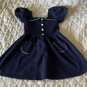 Janie and Jack Navy Puff-Sleeve Dress with White Piping